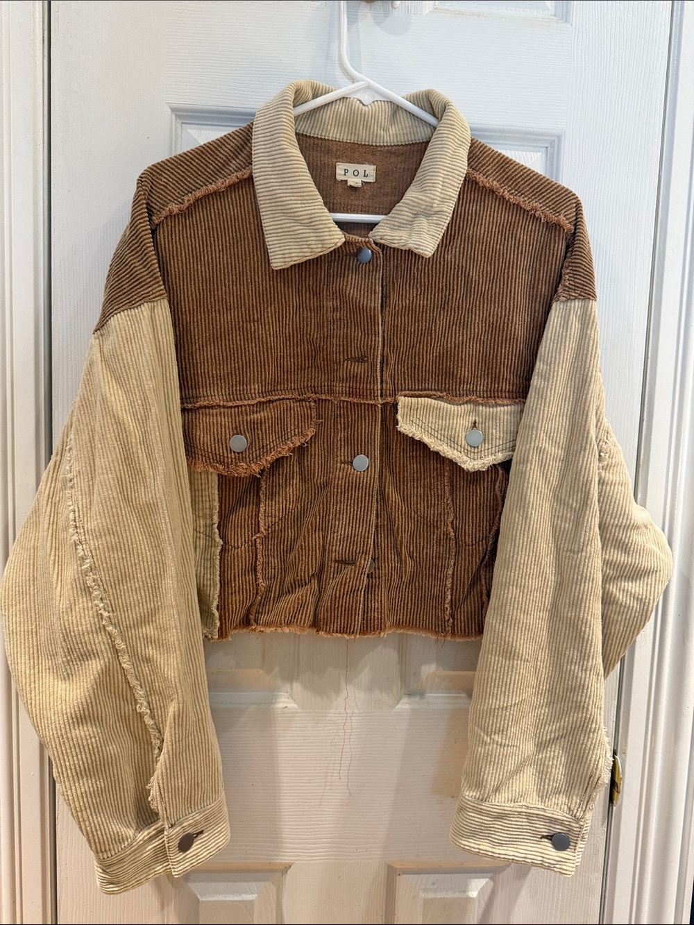 POL Two-Tone Brown and Cream Corduroy Cropped Jacket